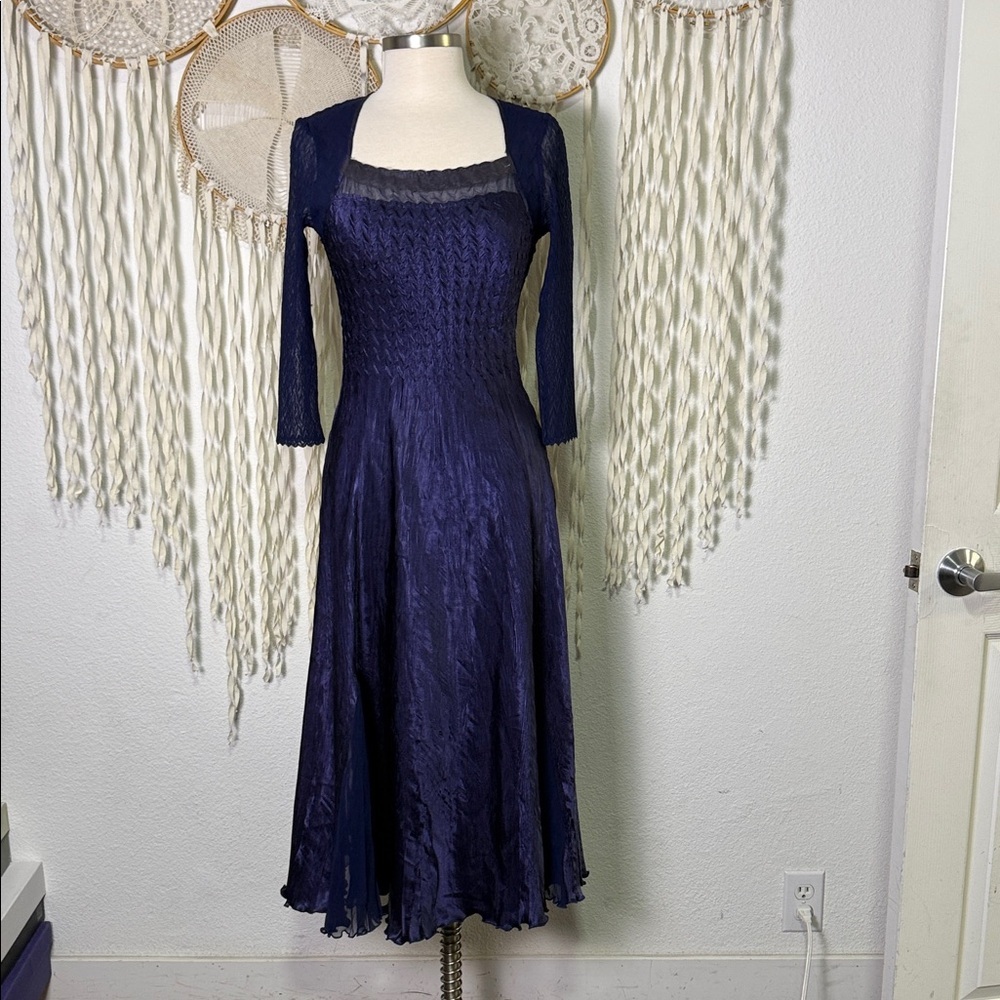 Komarov Purple Charmeuse Sheer Quarter Sleeve Midi Length Dress Size Small